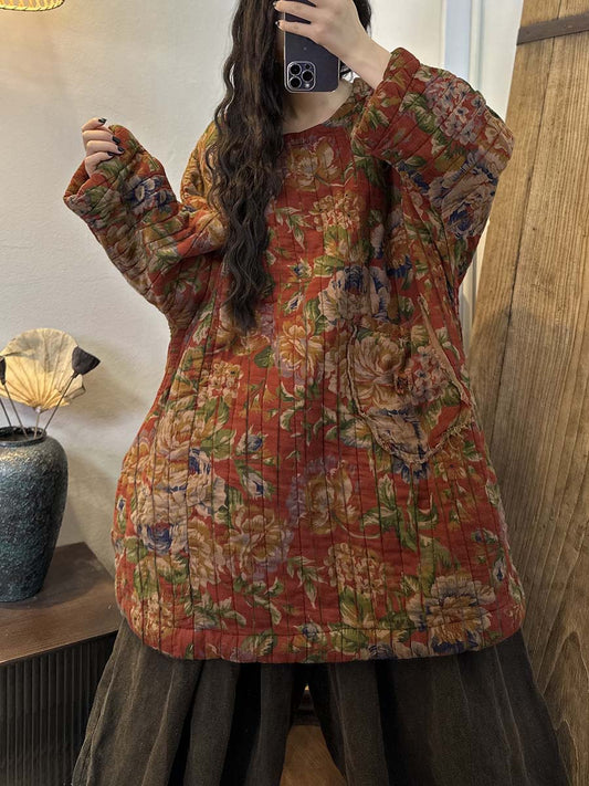 Cappotto caldo e ampio con stampa floreale etnica invernale da donna