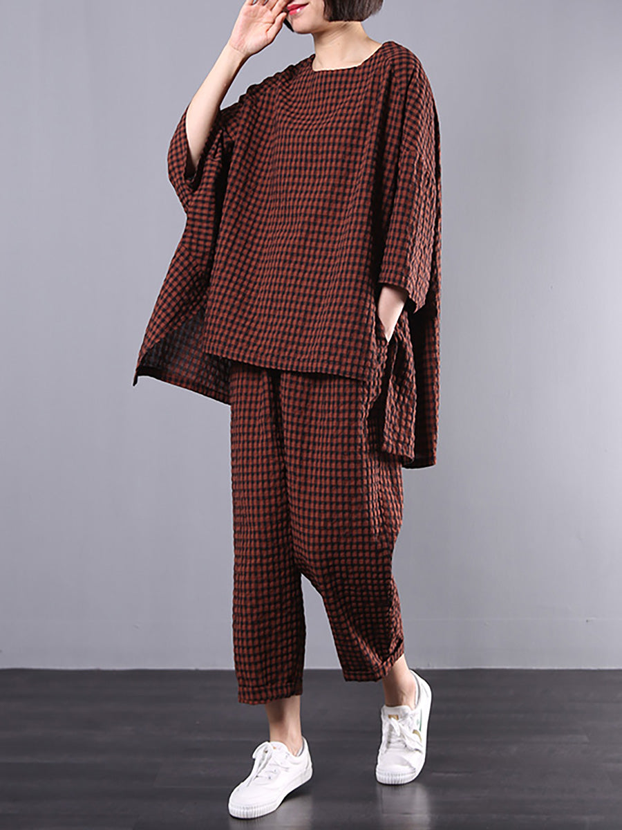 Blusa e pantaloni retrò in cotone e lino a quadri