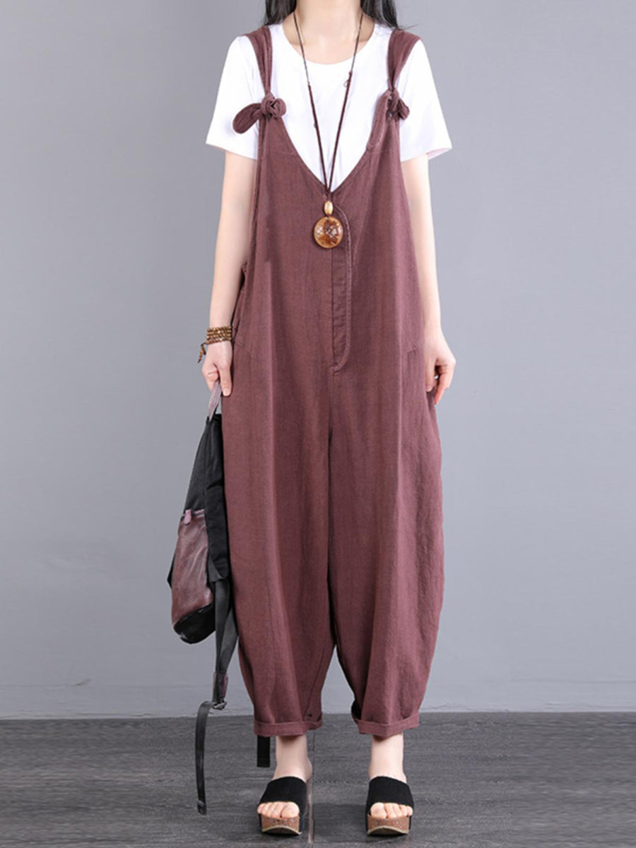 Tute larghe in ramiè con scollo a V e nodo vintage da donna