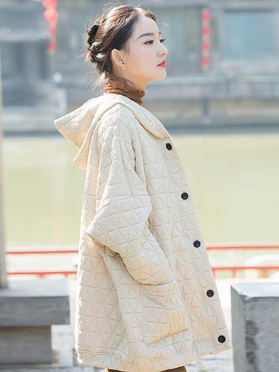 Cappotto con cappuccio e tasca con bottoni casual invernale da donna