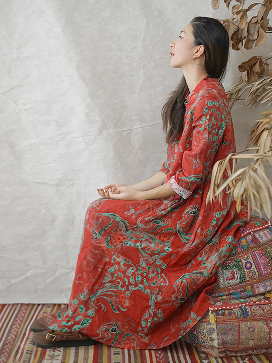 Robe en lin à imprimé floral vintage pour femme