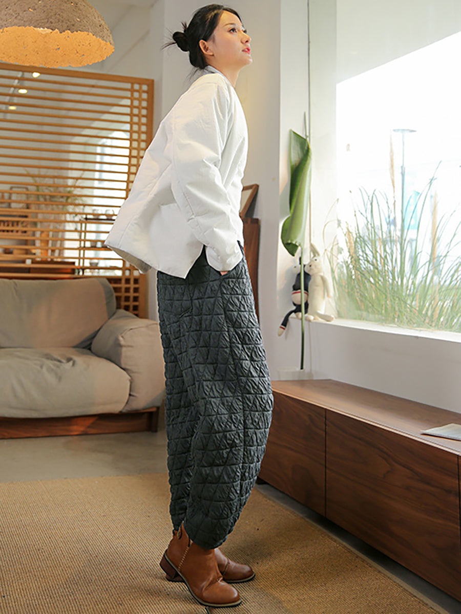 Warm Solid Color Pocket Elastic Waist Lantern Pants