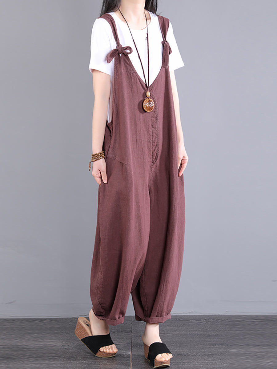 Tute larghe in ramiè con scollo a V e nodo vintage da donna