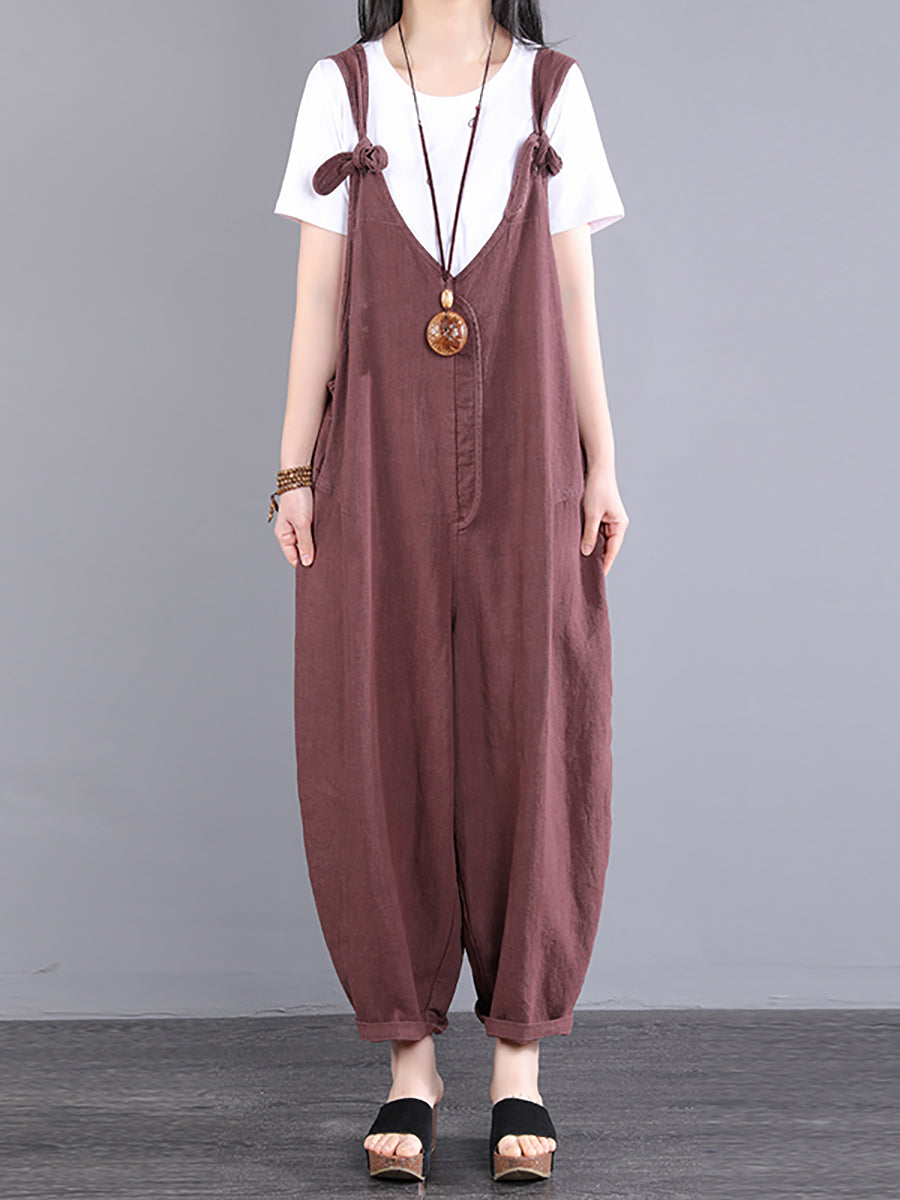 Tute larghe in ramiè con scollo a V e nodo vintage da donna
