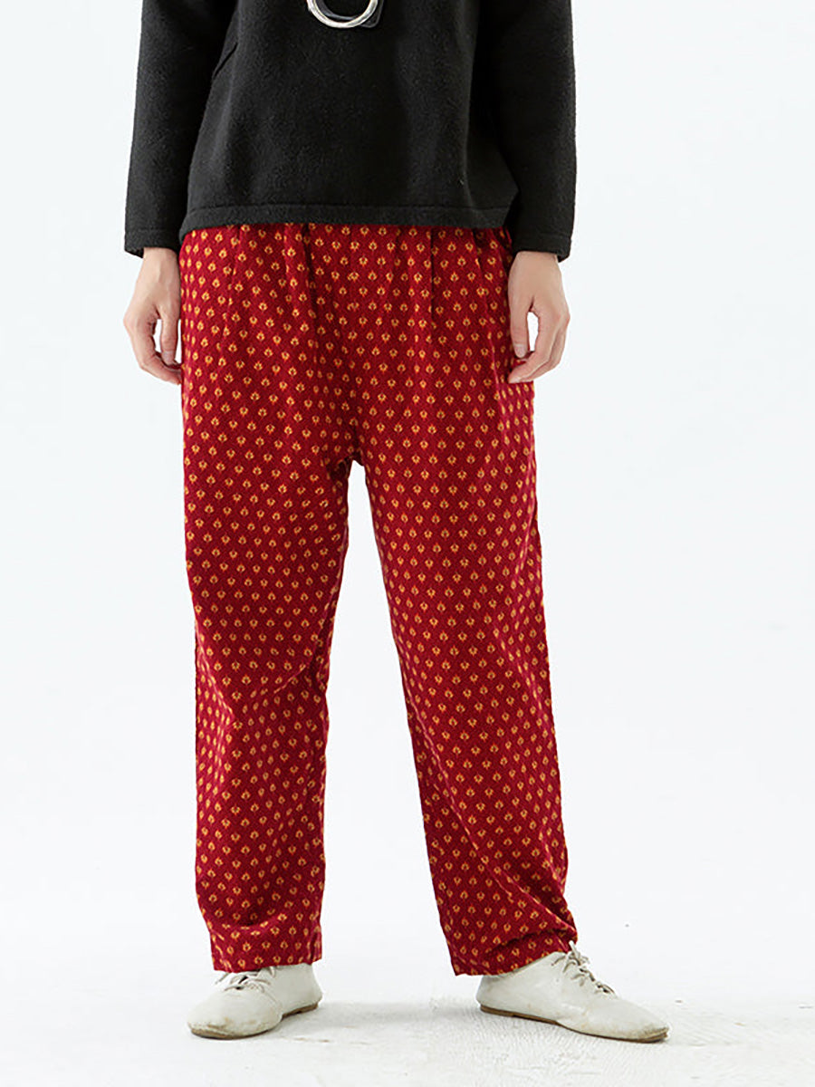 Pantaloni da donna in cotone con elastico in vita e tasche floreali