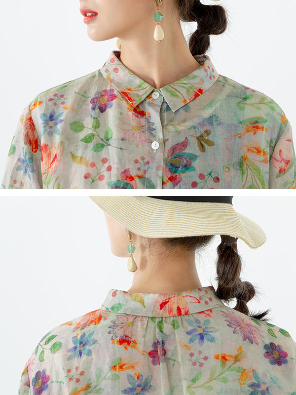 Camicia a mezza lunghezza con spacco sul petto e motivo a foglie floreali
