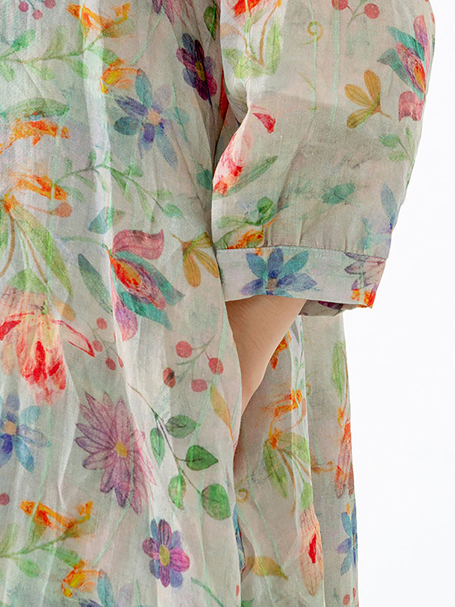 Camicia a mezza lunghezza con spacco sul petto e motivo a foglie floreali