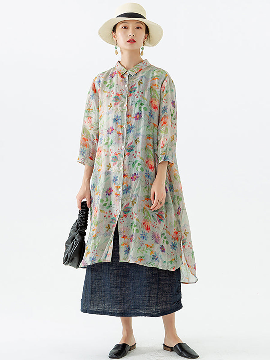 Camicia a mezza lunghezza con spacco sul petto e motivo a foglie floreali