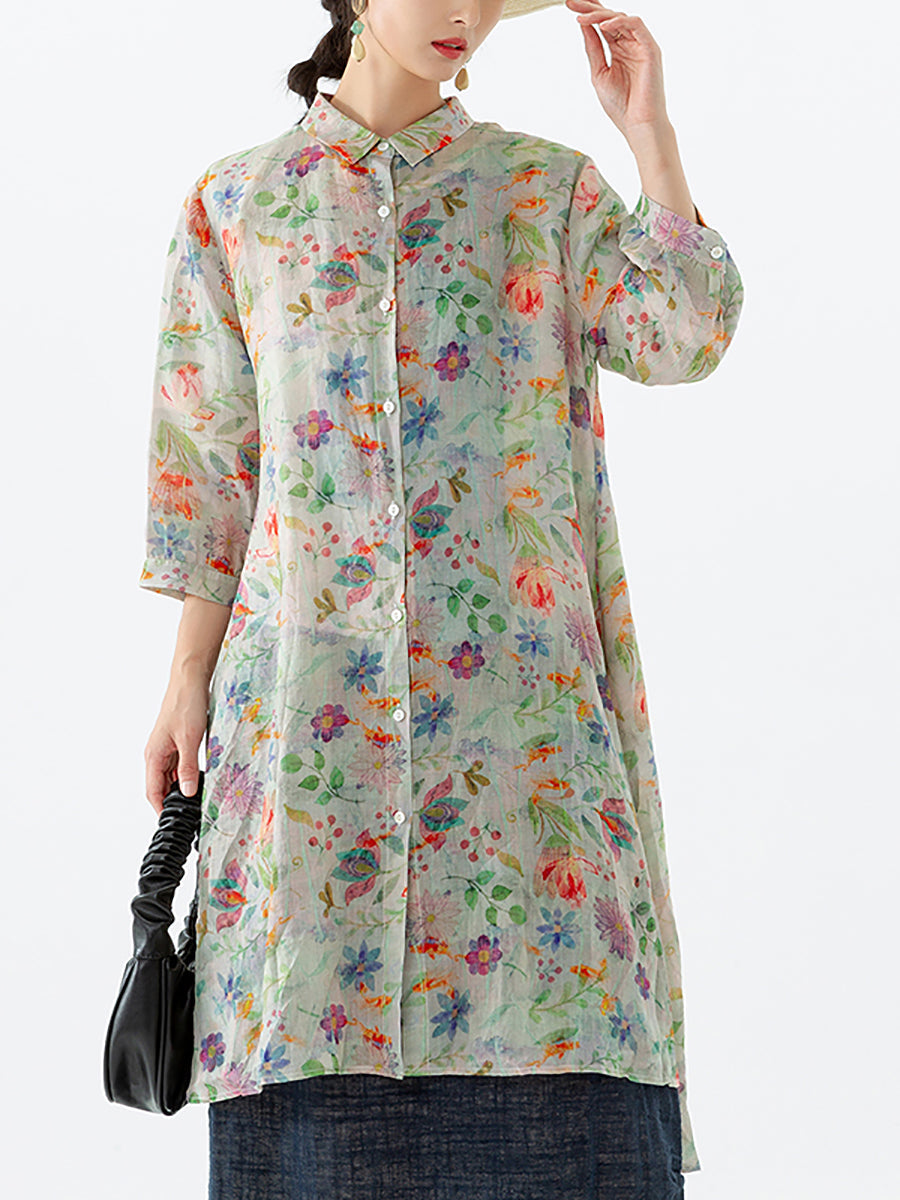 Camicia a mezza lunghezza con spacco sul petto e motivo a foglie floreali