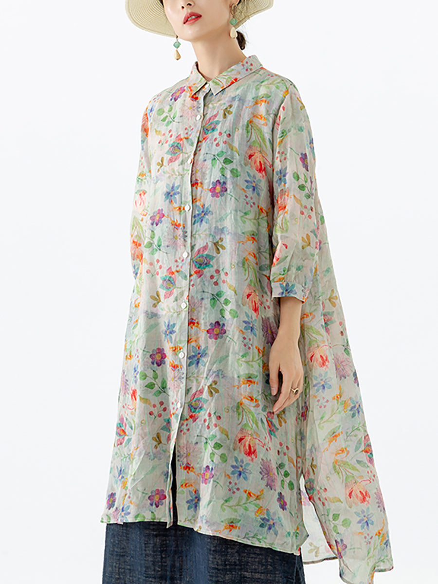 Camicia a mezza lunghezza con spacco sul petto e motivo a foglie floreali