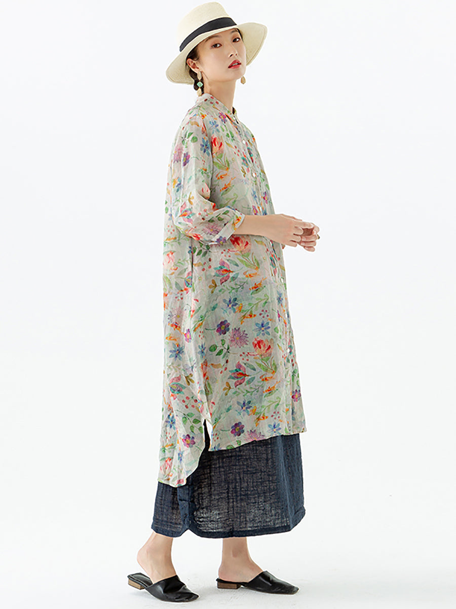 Camicia a mezza lunghezza con spacco sul petto e motivo a foglie floreali