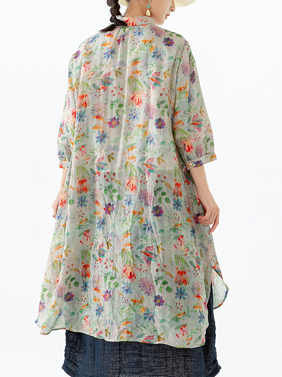 Camicia a mezza lunghezza con spacco sul petto e motivo a foglie floreali