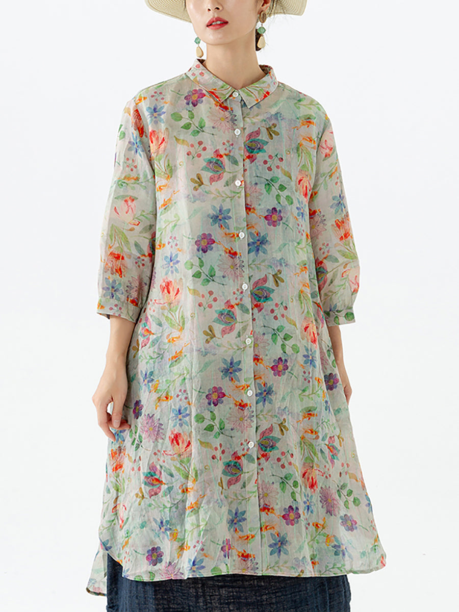 Camicia a mezza lunghezza con spacco sul petto e motivo a foglie floreali