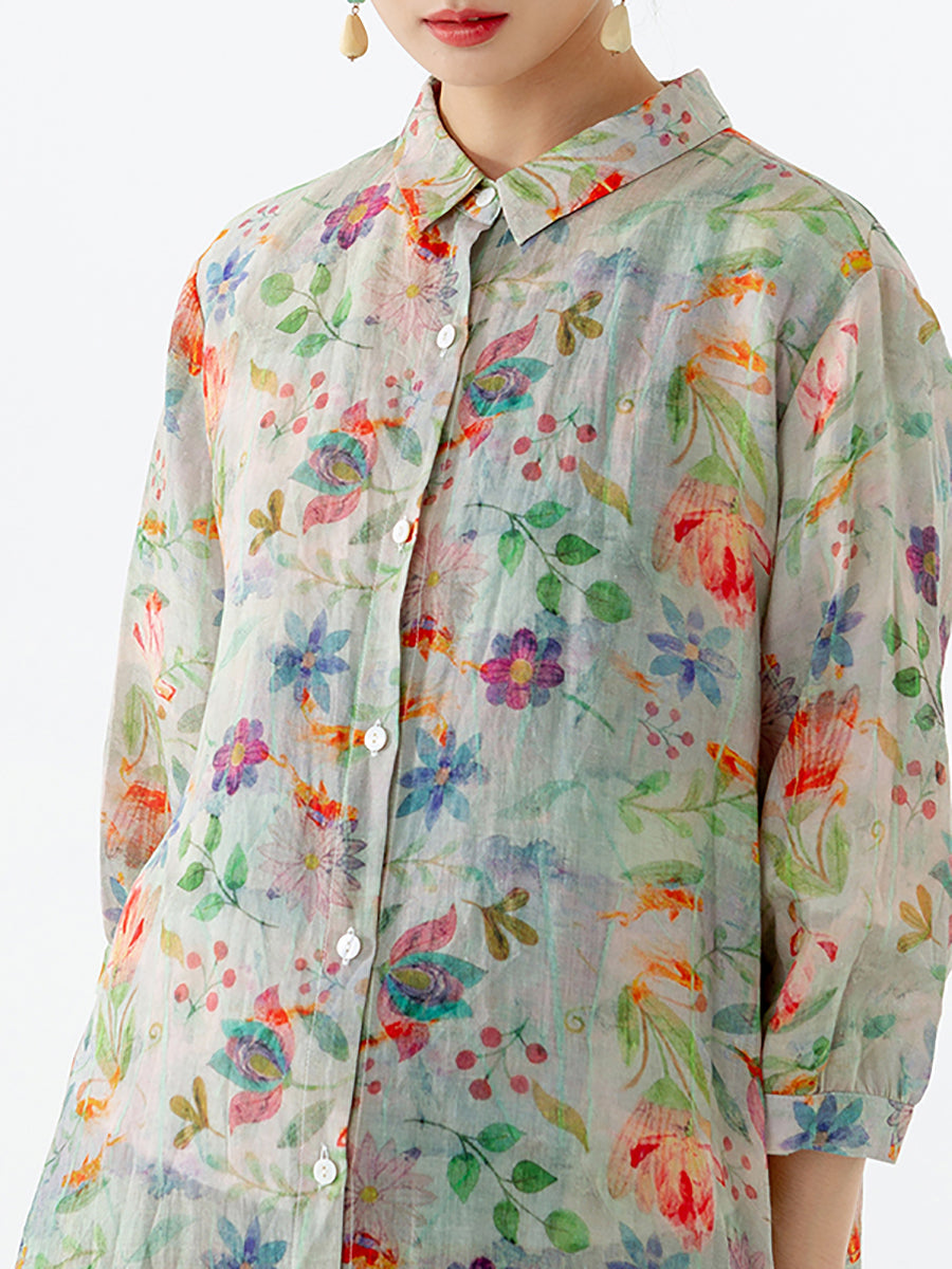 Camicia a mezza lunghezza con spacco sul petto e motivo a foglie floreali