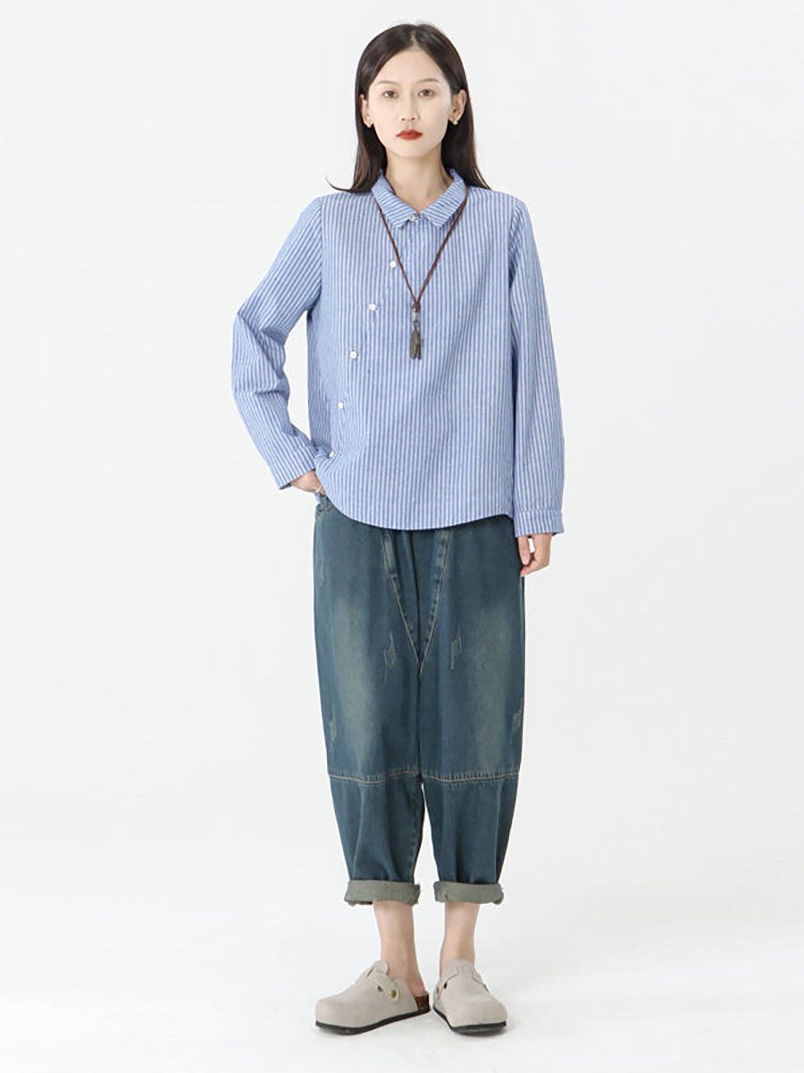 Camicia a maniche lunghe in cotone e lino a righe
