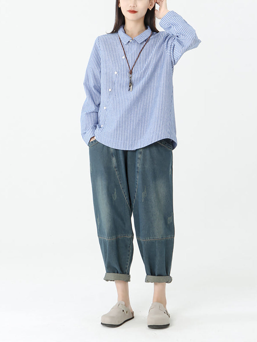 Camicia a maniche lunghe in cotone e lino a righe