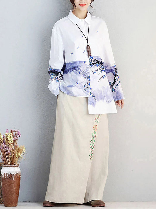 Women Cotton Single Breasted Literature Printing Irregular Shirt
