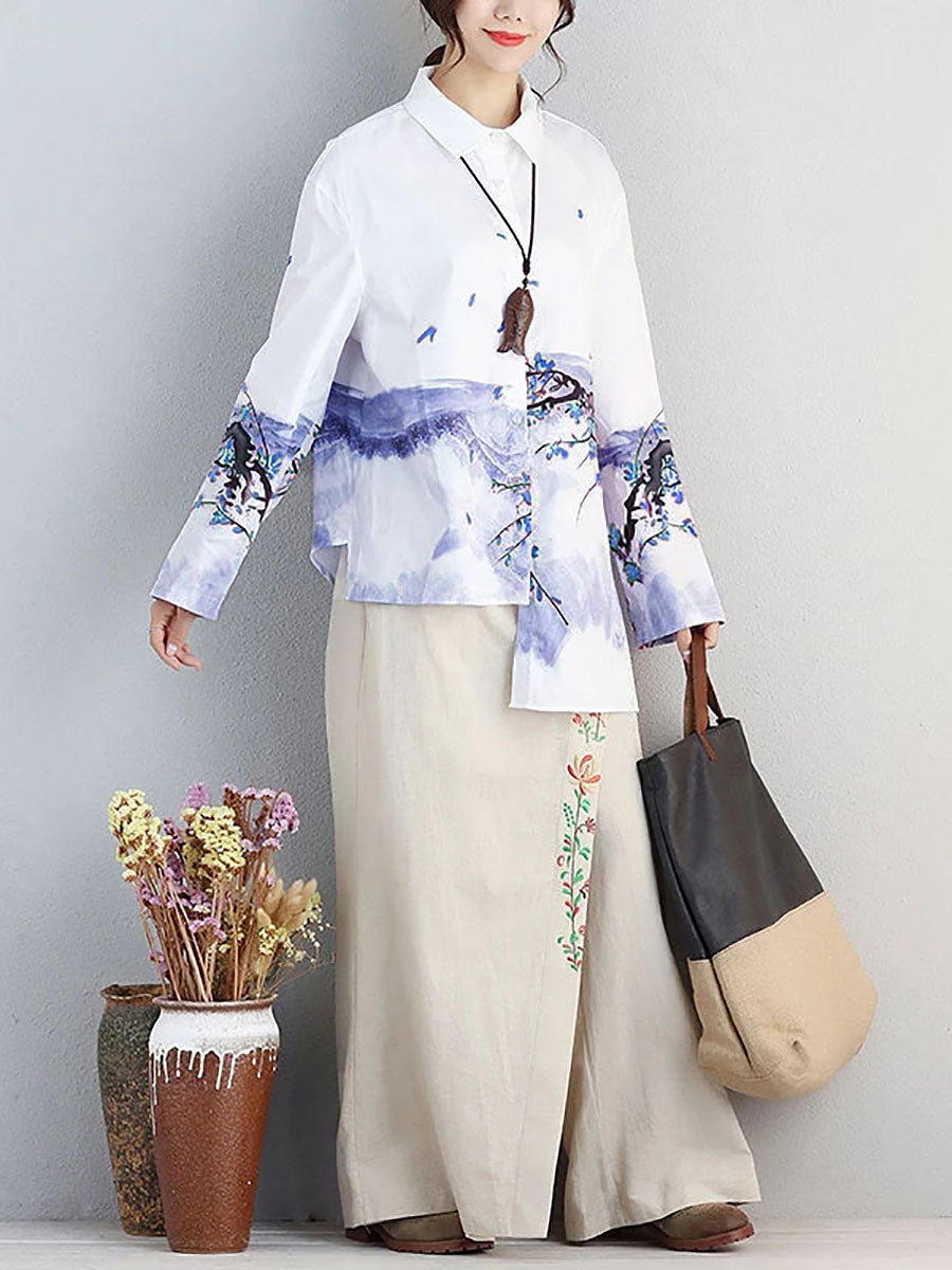Camicia irregolare monopetto in cotone da donna con stampa letteraria