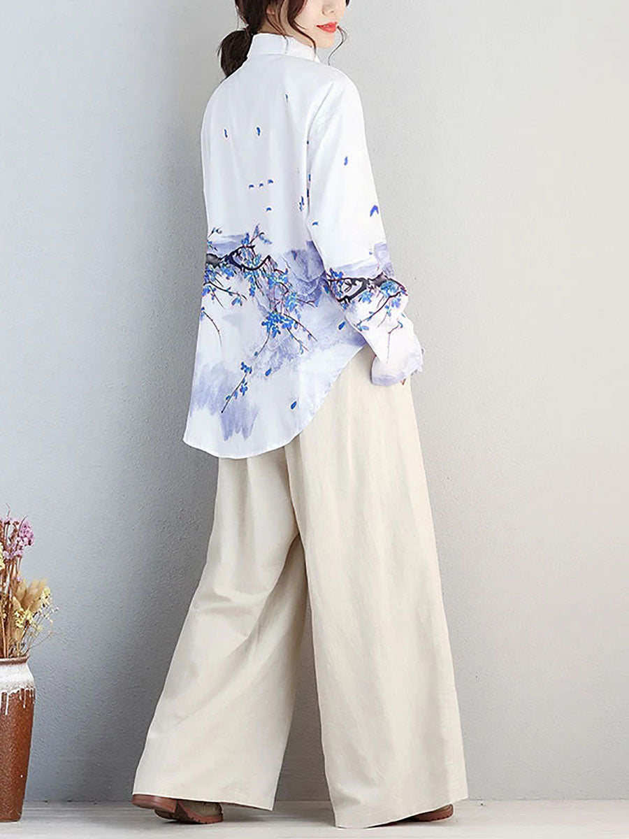 Camicia irregolare monopetto in cotone da donna con stampa letteraria