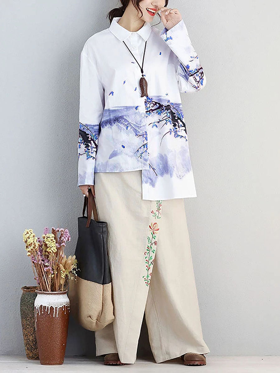 Camicia irregolare monopetto in cotone da donna con stampa letteraria