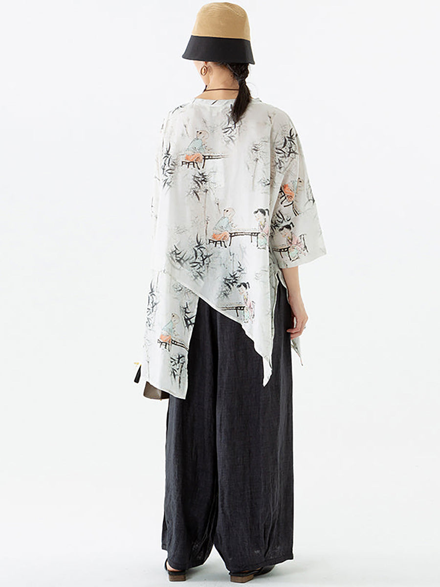 T-shirt irrégulier en lin et tencel à col rond pour femme