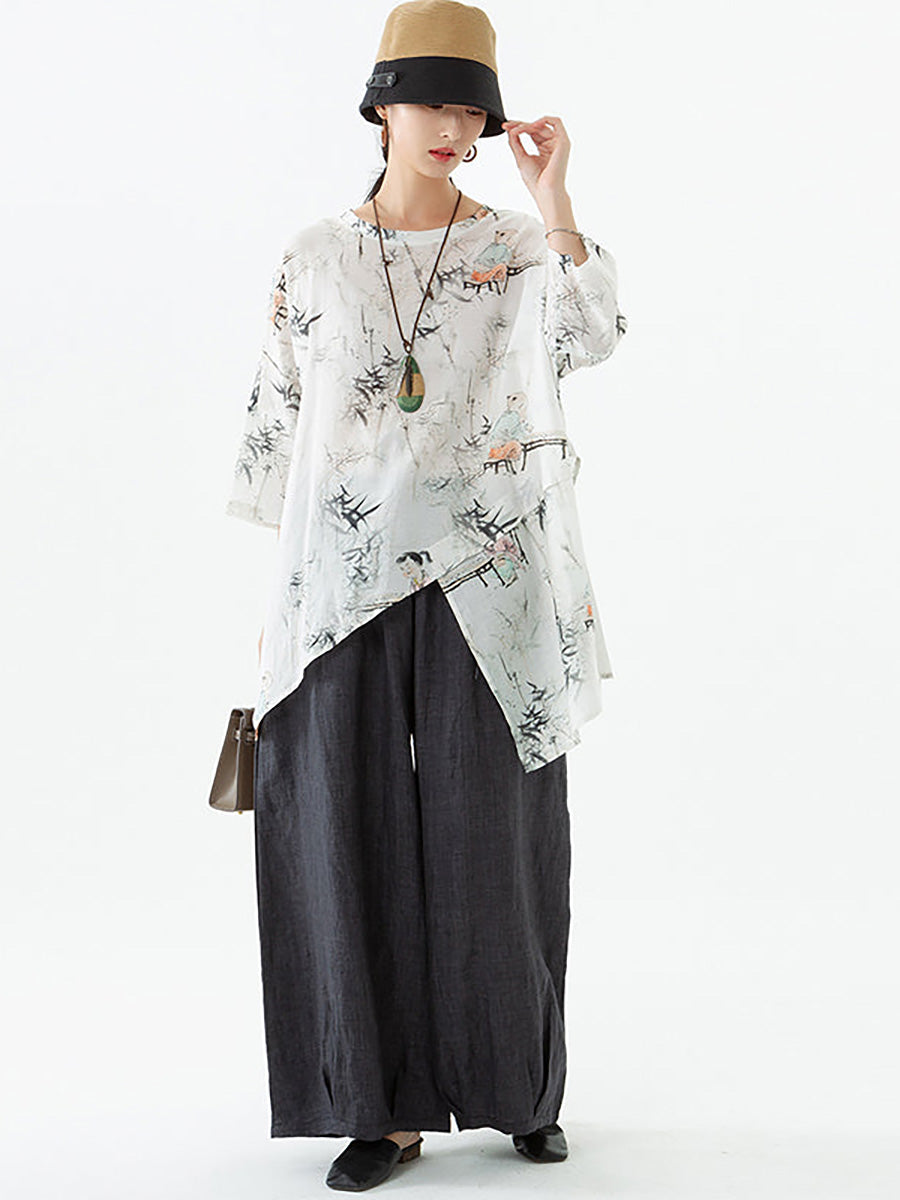 T-shirt irrégulier en lin et tencel à col rond pour femme