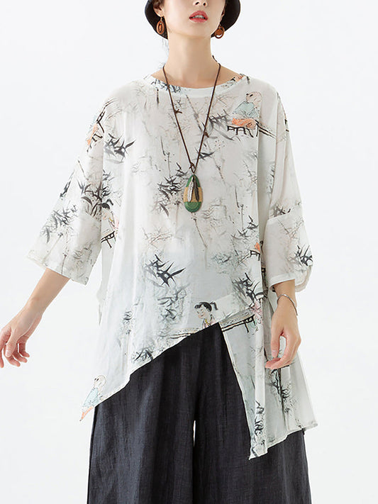 T-shirt irregolare in lino e tencel con scollo a V da donna