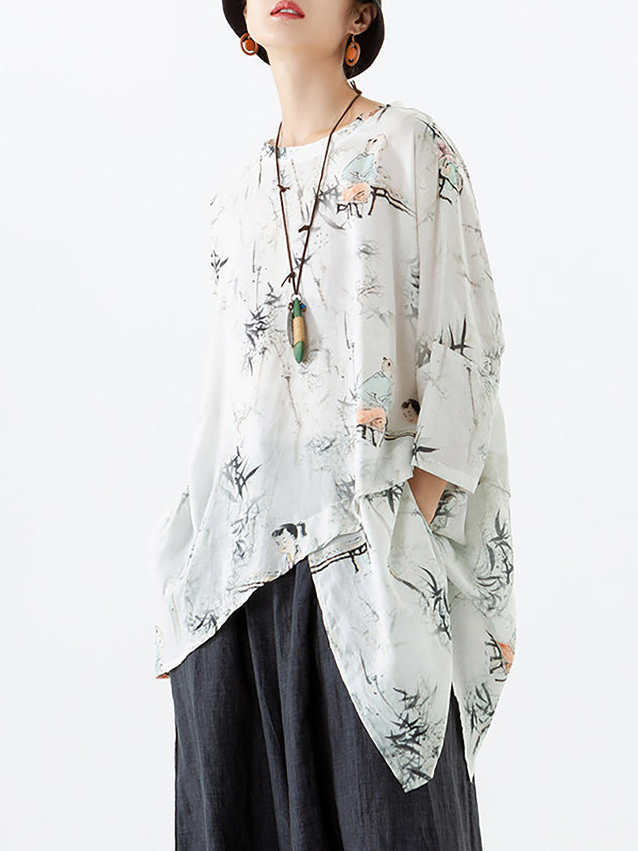 T-shirt irrégulier en lin et tencel à col rond pour femme