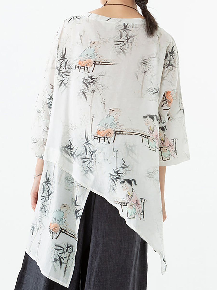 T-shirt irrégulier en lin et tencel à col rond pour femme