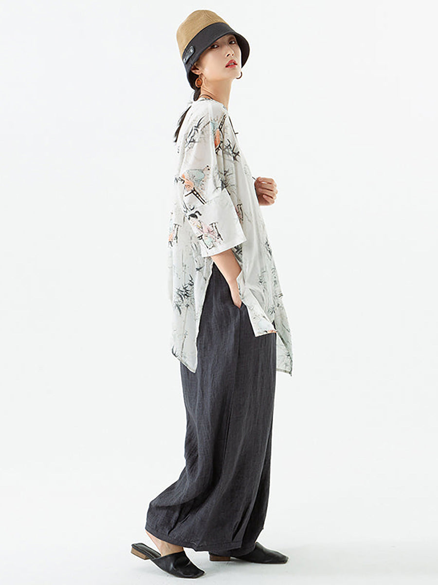 T-shirt irrégulier en lin et tencel à col rond pour femme