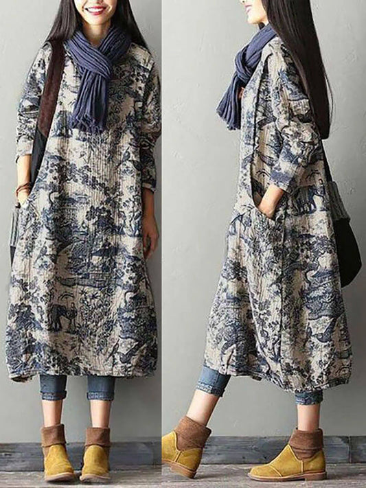 Abito lungo da donna con stampa floreale in cotone vintage casual e ampio