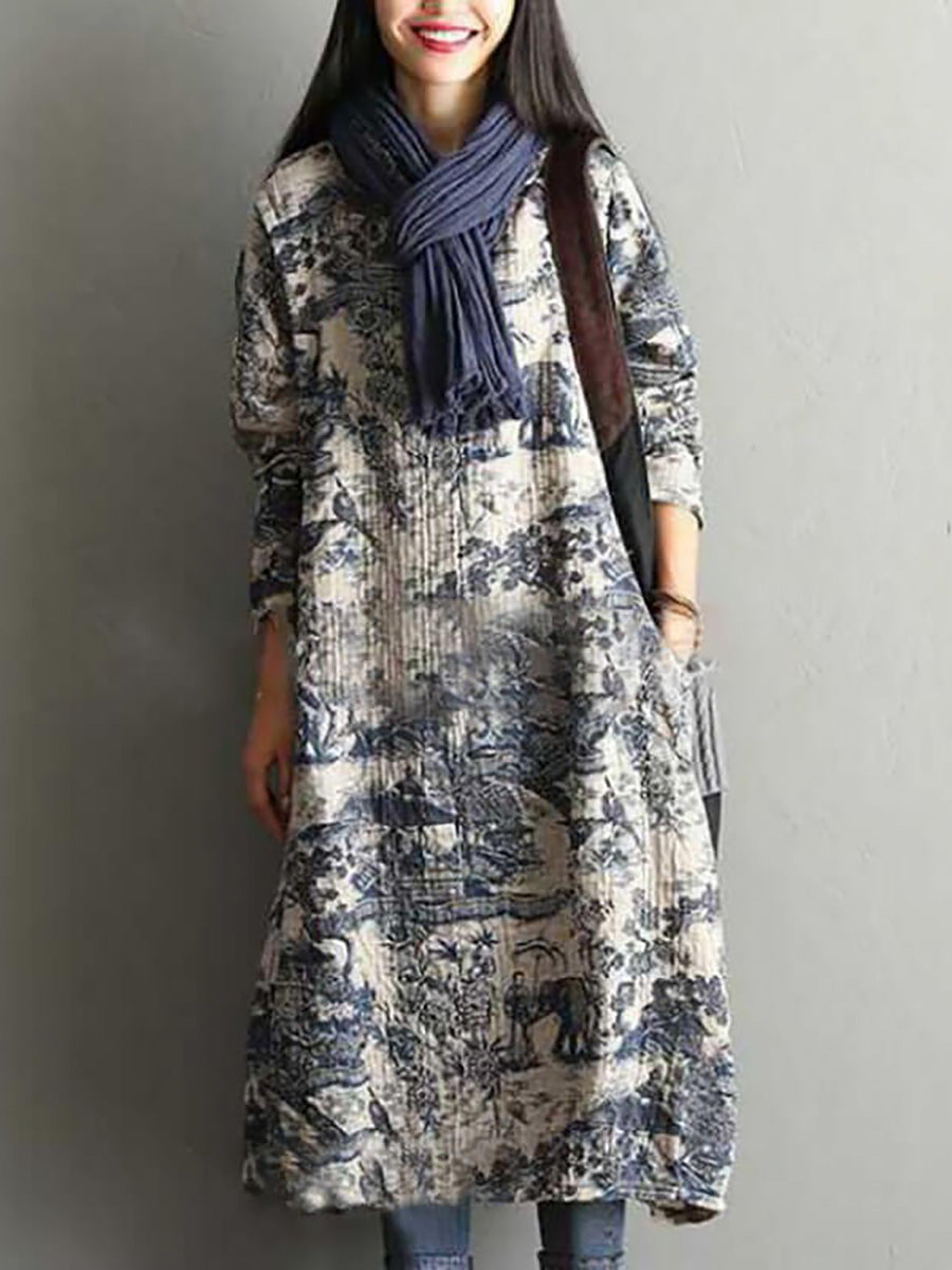Abito lungo da donna con stampa floreale in cotone vintage casual e ampio