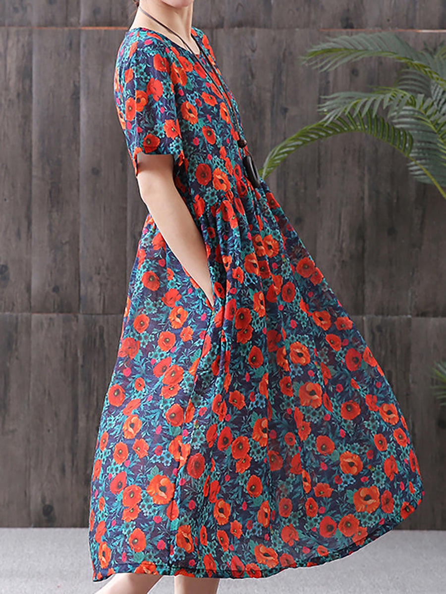 Floral Print Cotton Linen Loose ALine Dress