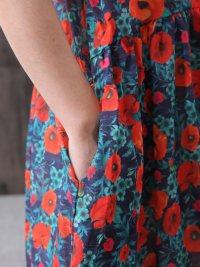 Floral Print Cotton Linen Loose ALine Dress