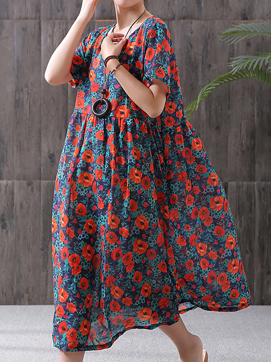 Floral Print Cotton Linen Loose ALine Dress