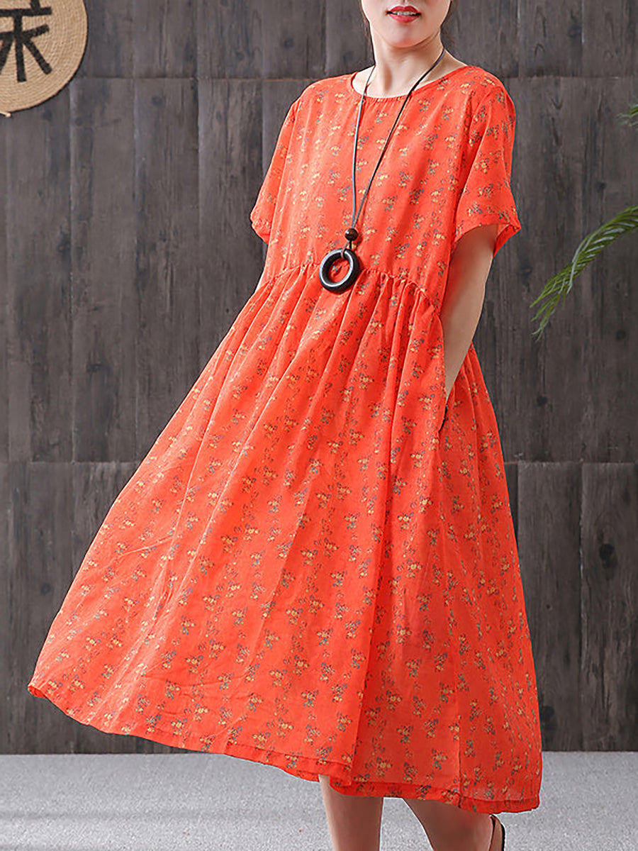 Floral Print Cotton Linen Loose ALine Dress