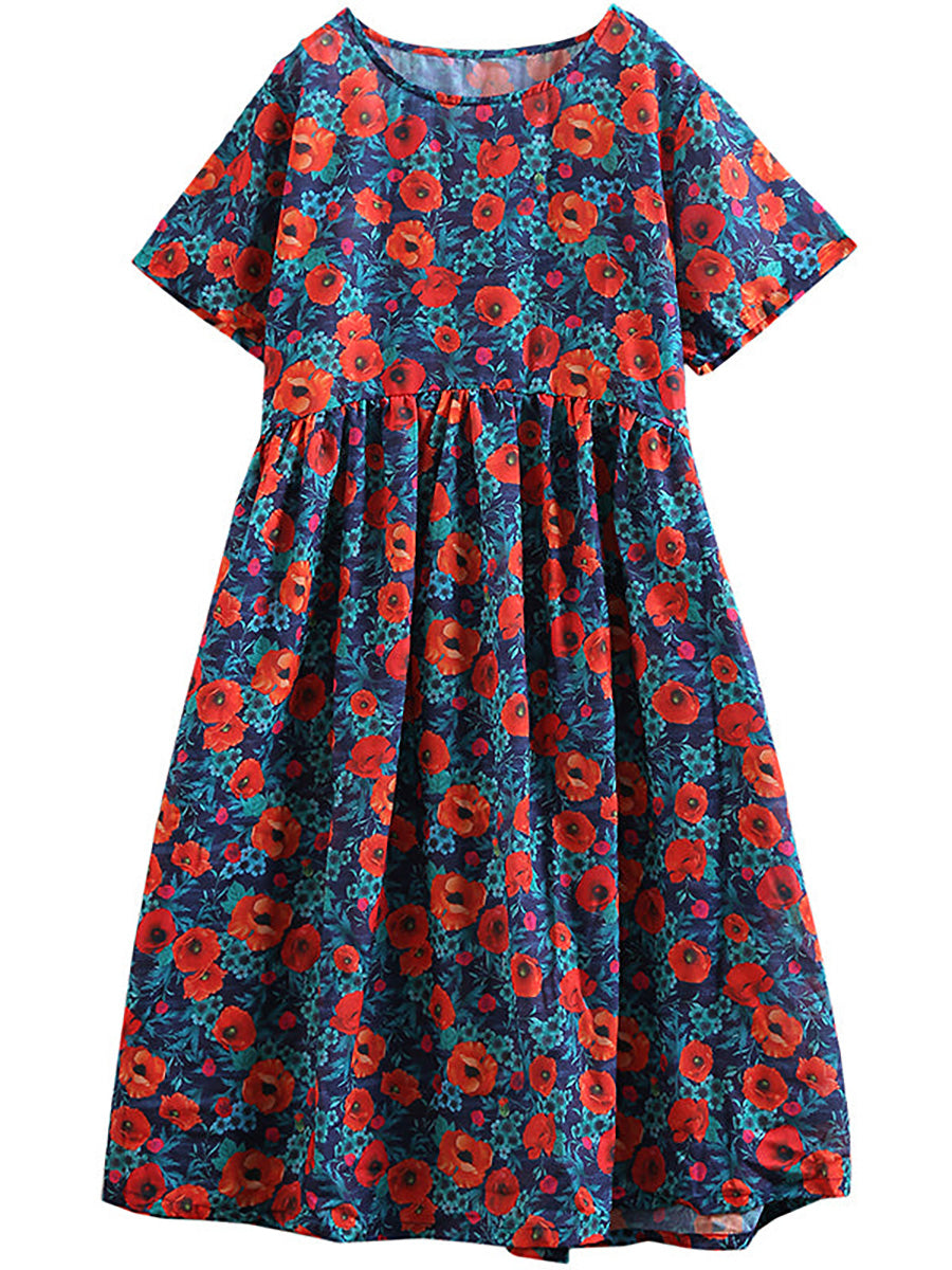Floral Print Cotton Linen Loose ALine Dress