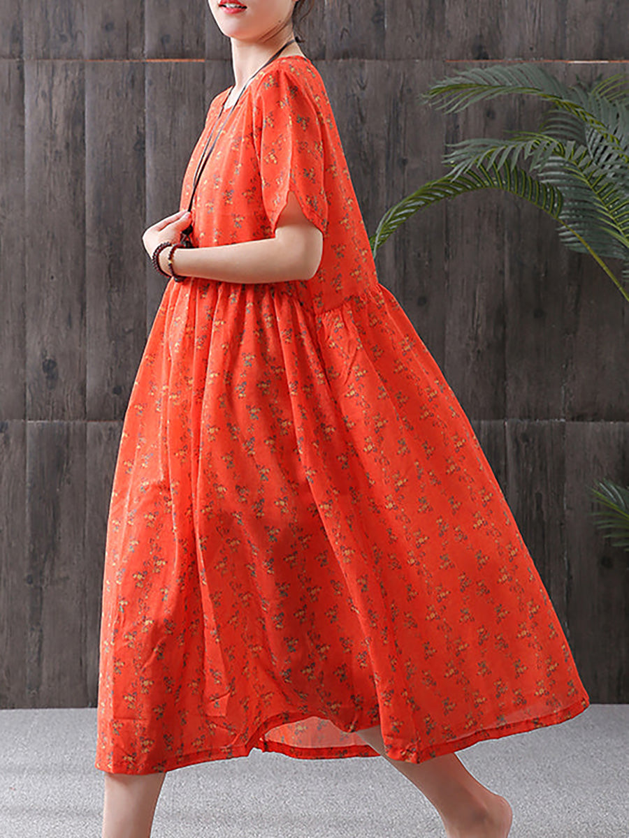 Floral Print Cotton Linen Loose ALine Dress
