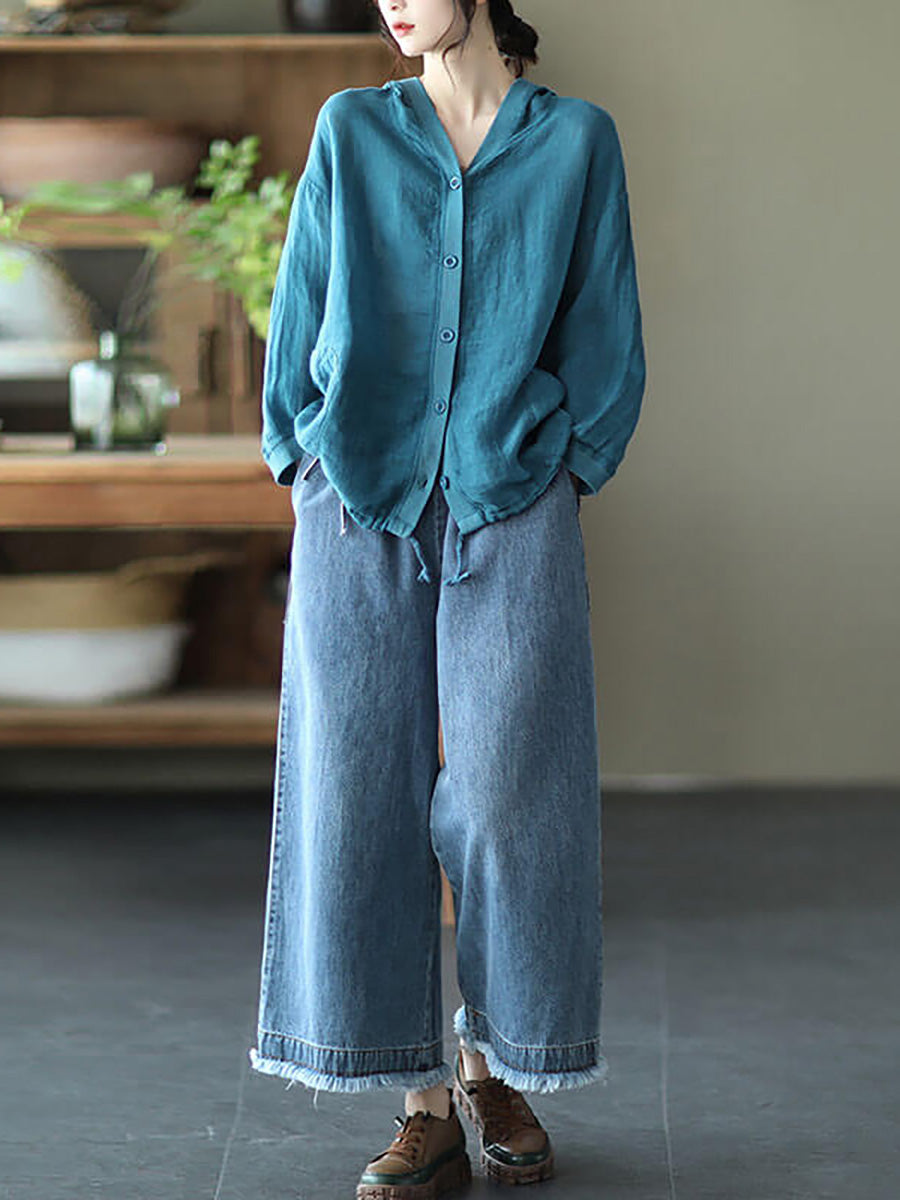 Ramie Hooded Drawstring Pocket Coat Top