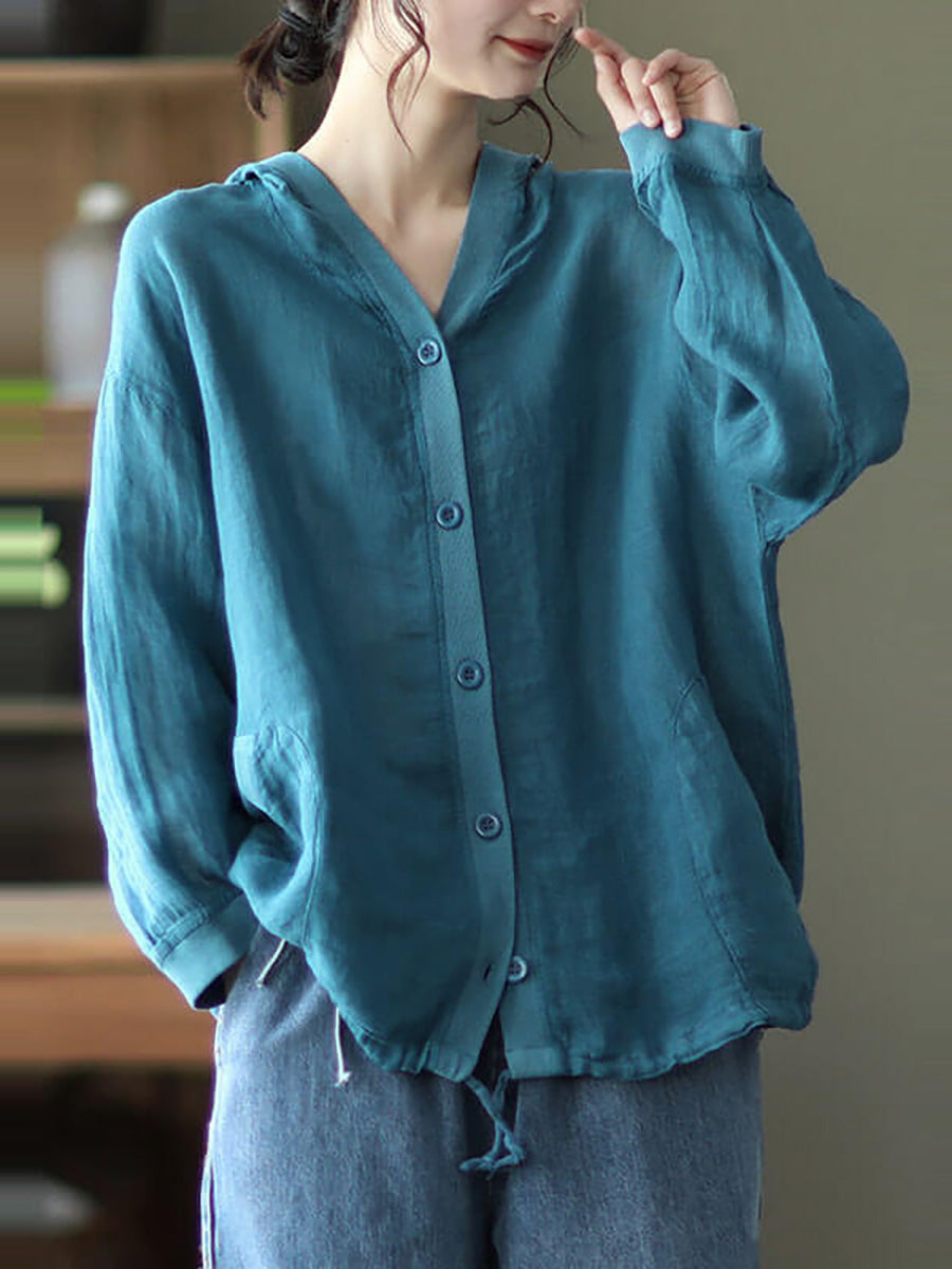 Ramie Hooded Drawstring Pocket Coat Top