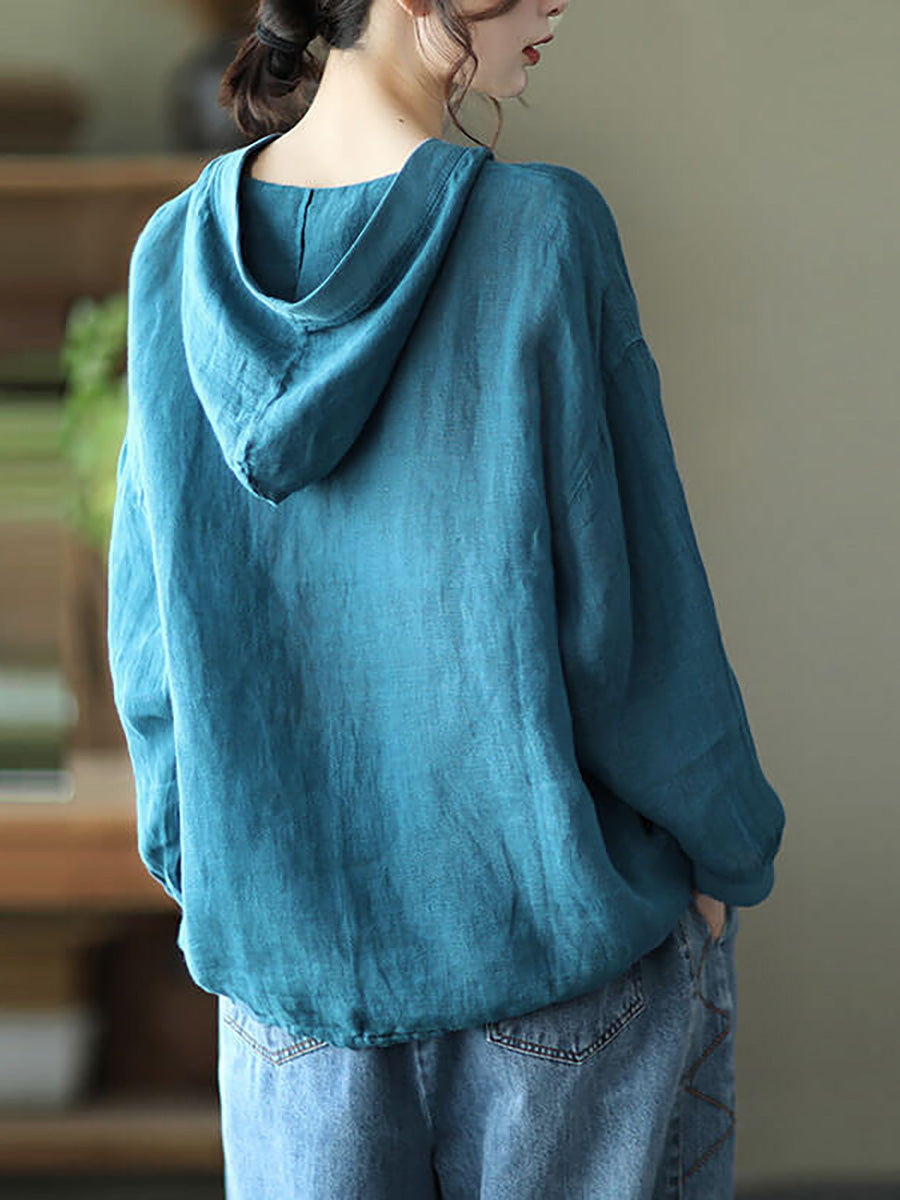 Ramie Hooded Drawstring Pocket Coat Top