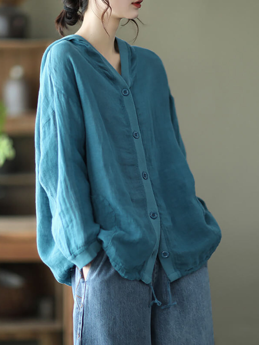 Ramie Hooded Drawstring Pocket Coat Top