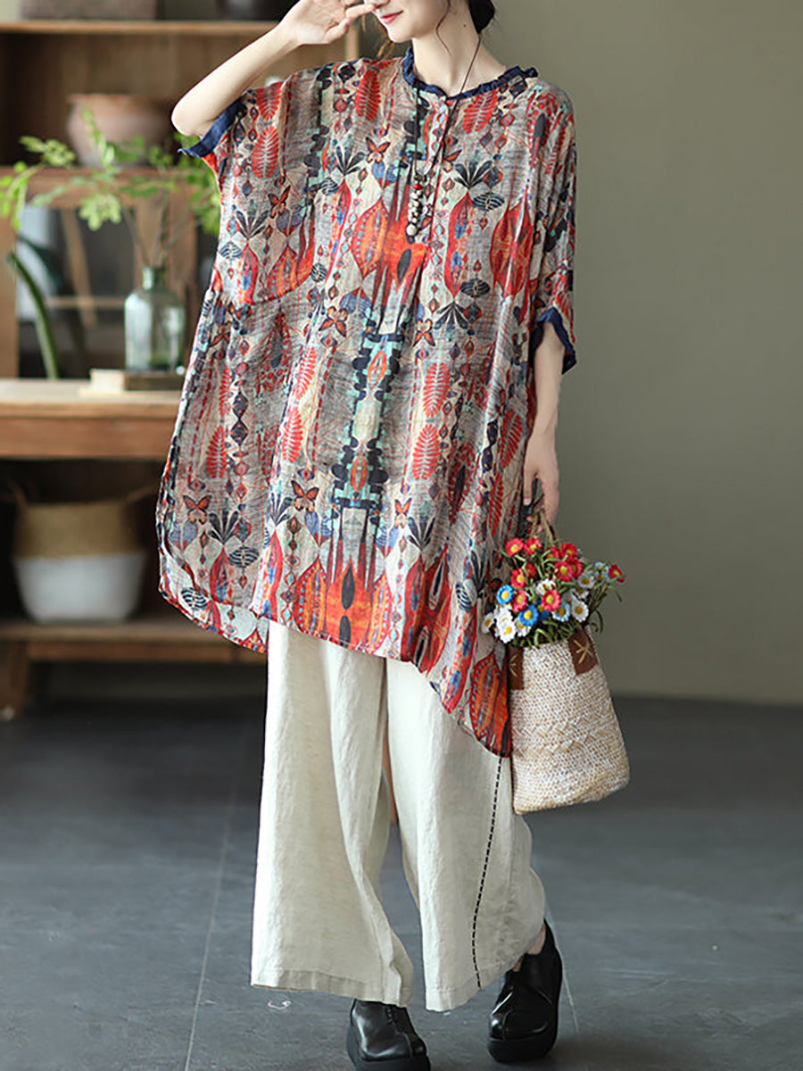 Camicia casual con stampa floreale vintage da donna Ramie