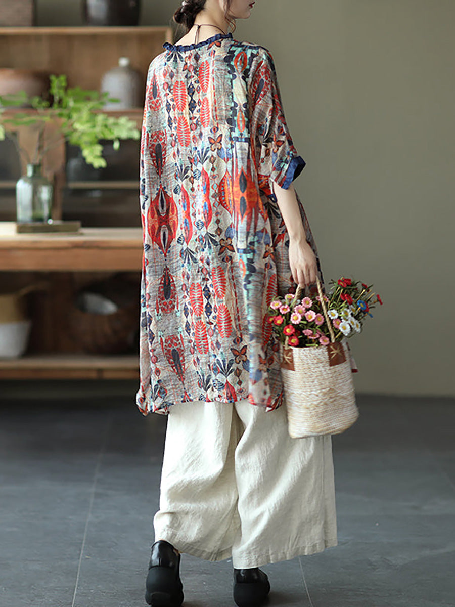Camicia casual con stampa floreale vintage da donna Ramie