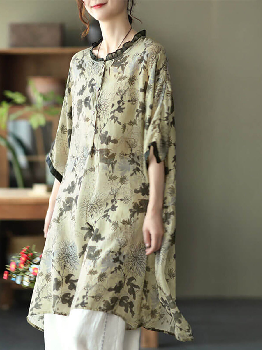 Camicia casual con stampa floreale vintage da donna Ramie