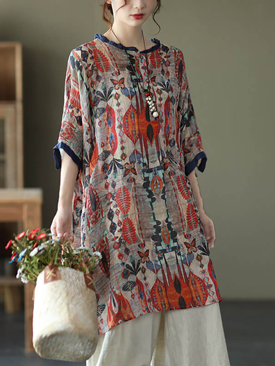 Camicia casual con stampa floreale vintage da donna Ramie
