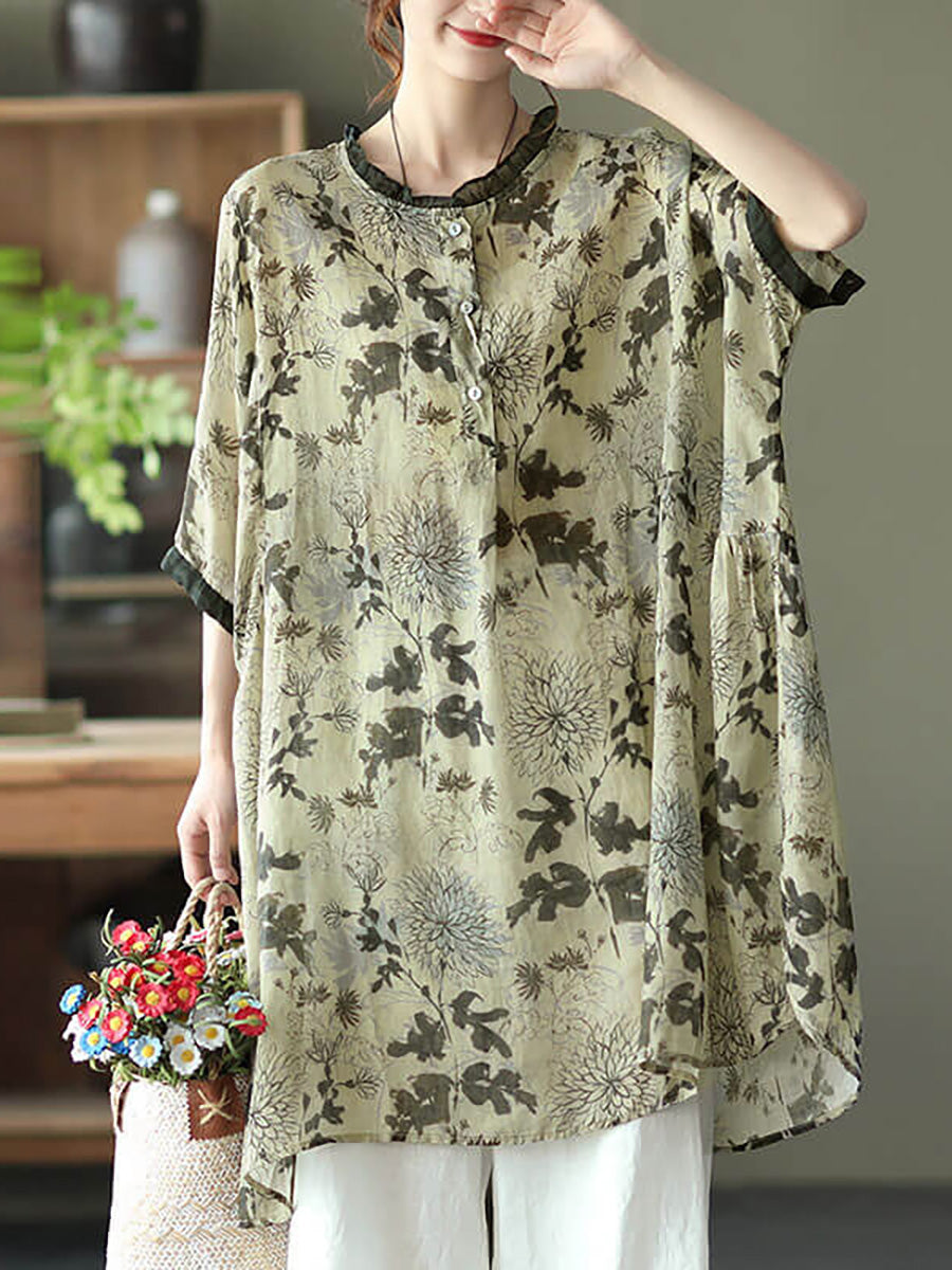 Camicia casual con stampa floreale vintage da donna Ramie
