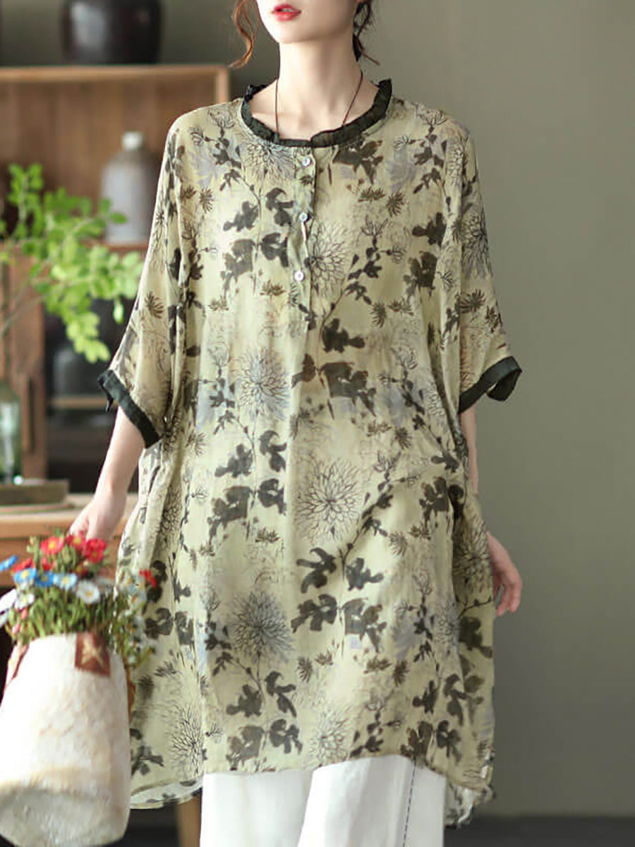Camicia casual con stampa floreale vintage da donna Ramie