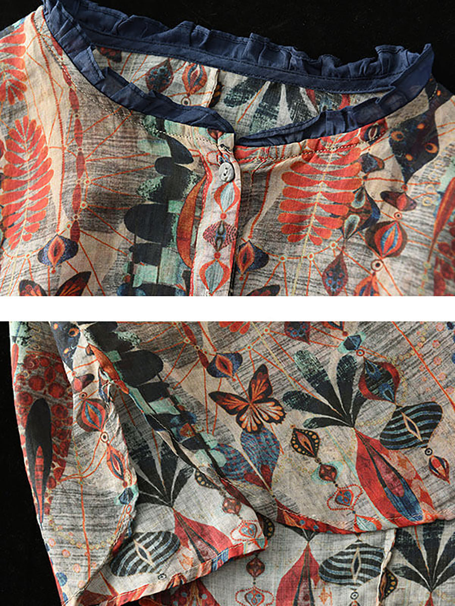 Camicia casual con stampa floreale vintage da donna Ramie
