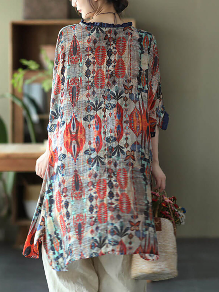 Camicia casual con stampa floreale vintage da donna Ramie